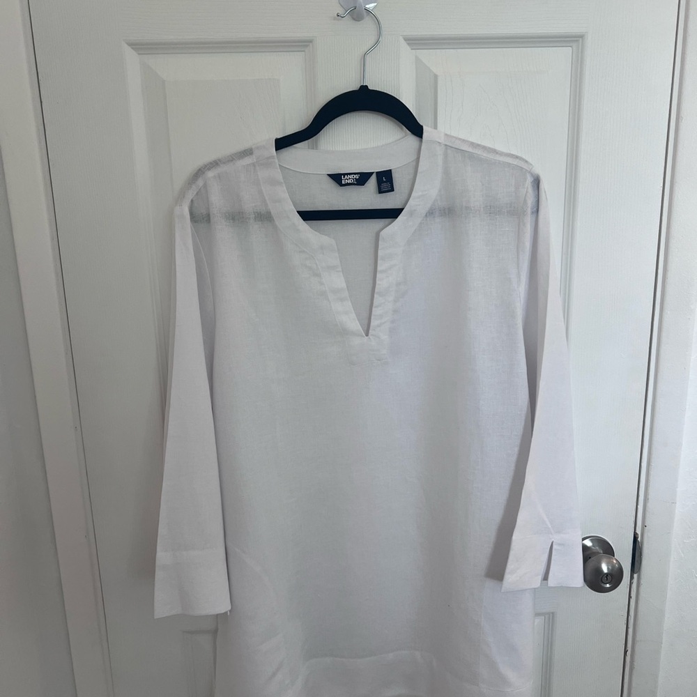Lands' End Women's Spilt Neck 3/4‎ Sleeve Tunic Blouse, White, Size L NEW